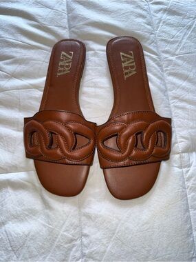 Zara Brown Braided Strap Slide Sandals
